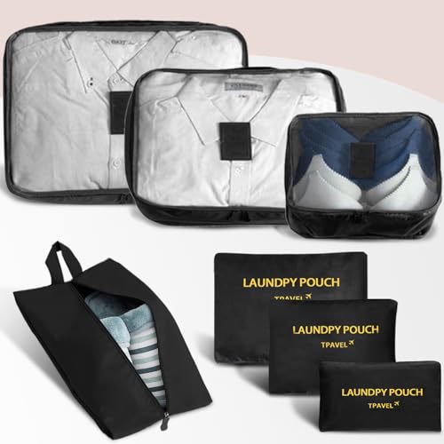 Trave Packing Cubes 7 Set Travel Organizer Bags Trip Compression Bags Luggage Packing Cubes for Suitcases Travel Accessories (Black) - color: Black