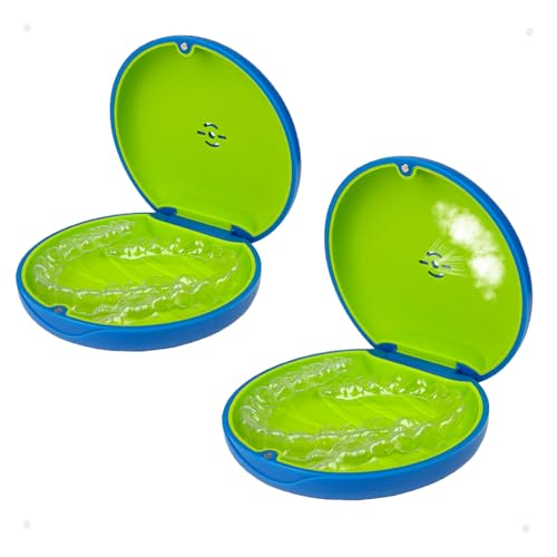 2 Pack Retainer Case with Vent Hole, Compatible with Invisalign | Portable Slim Travel Aligner Case,Secure Magnetic Closure-Food Grade Silicone Pad(Blue Green) - color: Blue Green