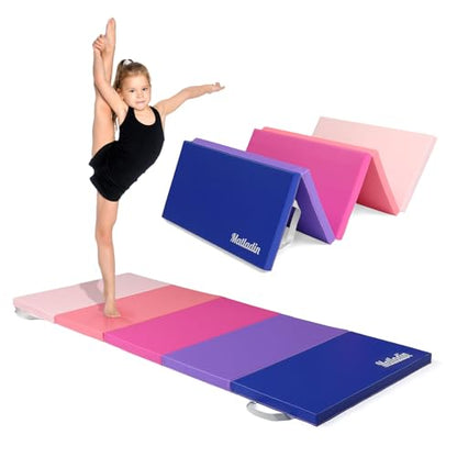 Matladin Folding Gymnastics Gym Exercise Aerobics Mat, 76"L x 30"W x 1.5"Th Folding Exercise Mat, Easy to Clean PU Leather Tumbling Mats for Stretching Yoga Cheerleading Martial Arts, Kid Play(Pink ,Blue） - color: Pink ,Blue Gradient