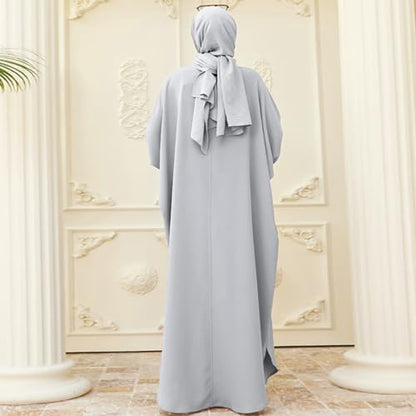 IKADEX Women Batwing Sleeve Abaya Button Loose Fit Long Maxi Muslim Dress Islamic Kaftan Prayer Robe - color: Grey