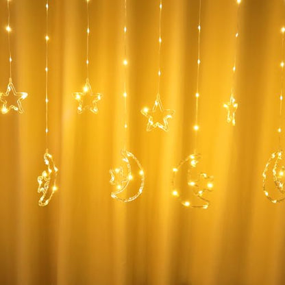 15.7 FT Star Moon Curtain String Lights Bedroom, 115 LED Ramadan Fairy Twinkle Light Window, 8 Lighting Modes Timer Memory, Wall Backdrop Room Holiday Indoor Outdoor Christmas Decoration, USB Operated