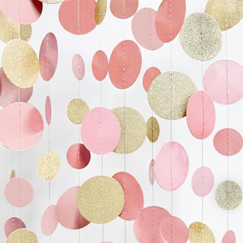 Champagne Gold Rose Pink Polka Dot Garland Champagne Dusty Pink Circle Dot Hanging Streamer Banner for Birthday Bridal Shower Wedding Engagement Retirement Boho Party Decorations Supplies - color: Dusty Pink Champagne