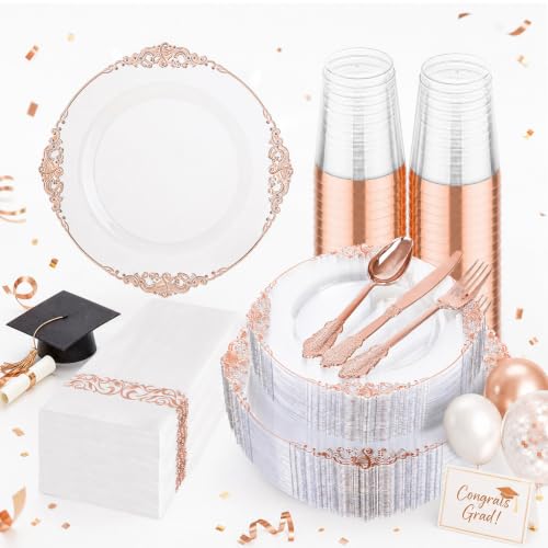 Hioasis 175pcs Clear Rose Gold Plastic Plates - Elegant Disposable Dinnerware Set Suitable for 25 Guests Include 10.25" Dinner & 7.5" Dessert Plates, Cutlery, Napkins, Cups for Party - color: Clear and Rose Gold