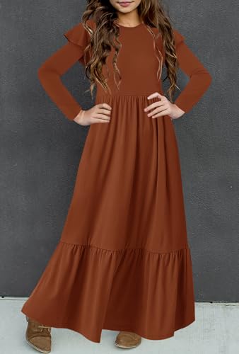HOSIKA Girls Fall Ruffle Long Sleeve Crew Neck Loose Casual Flowy Tiered Maxi Dress with Pockets for 6-12 Y - color: Brown, size: 8 Years
