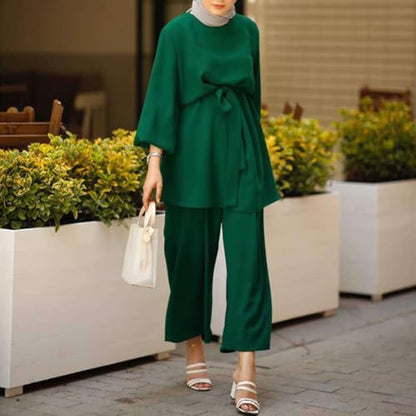 IWEMEK Abayas for Women Muslim Long Sleeve Loose Top Pants 2 Pcs Eid Ramadan Outfits Casual Islamic Muslim Clothes with Belt - color: Dark Green, size: XX-Large