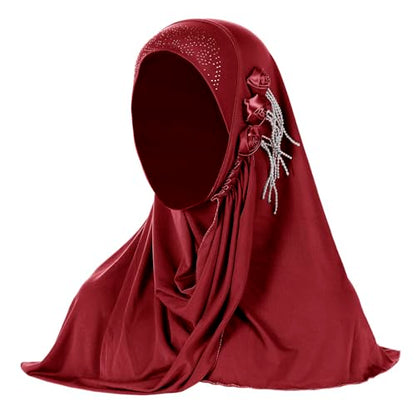 Women Soft One Piece Hijab Long Muslim Turban Islamic Full Head Scarf - color: 3 Flowers/Red