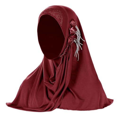 Women Soft One Piece Hijab Long Muslim Turban Islamic Full Head Scarf - color: 3 Flowers/Red