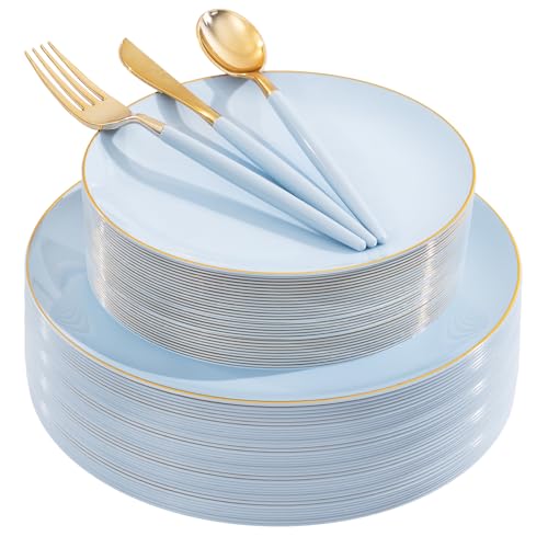 DaYammi 150Pcs Blue Plastic Plates with Gold Rim,Disposable Blue Party Plates Include 30 Dinner Plate,30 Salad Plate,30 Forks,30 Knives,30 Spoons,Fancy Disposable Platos for Party,Wedding,Baby Shower - color: Blue Gold