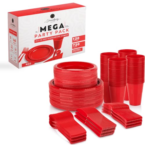 Grandipity Disposable Plastic Dinnerware Sets for Parties (720 pcs) - color: Red, size: 120 Guests (720 PCS)