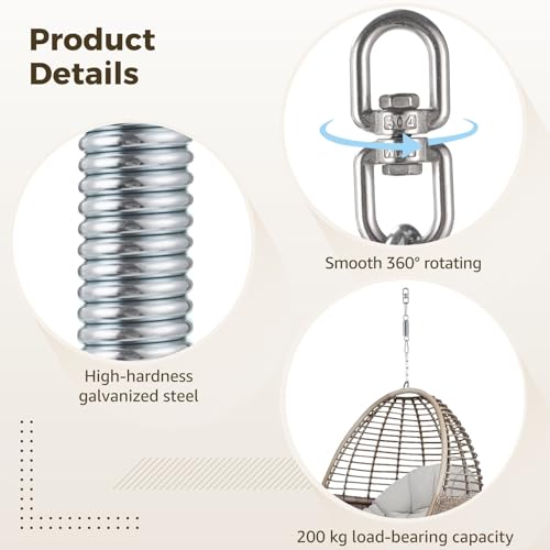 Steel Swing Spring for Hanging Chairs with 2 Hooks and 360° Swivel Ring, 1.4 x 6 in Galvanized Suspension Kit, Punching Bag Mount for Hammocks, Garden Swings, Gym Use, Silver