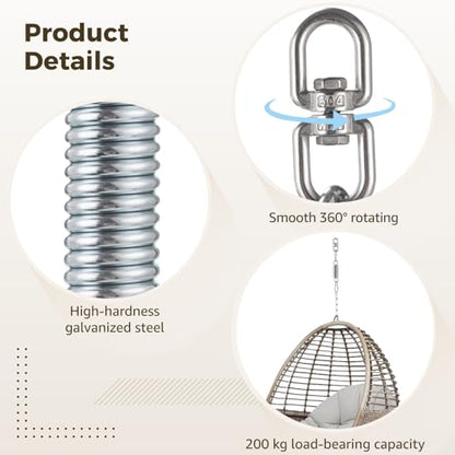 Steel Swing Spring for Hanging Chairs with 2 Hooks and 360° Swivel Ring, 1.4 x 6 in Galvanized Suspension Kit, Punching Bag Mount for Hammocks, Garden Swings, Gym Use, Silver