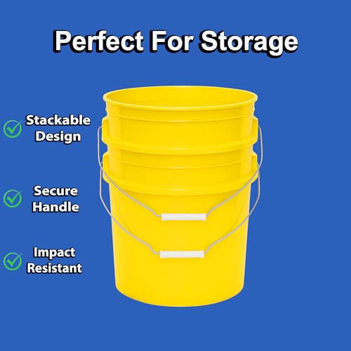 5-Gallon Bucket with Airtight Lid – Made in USA, Food Grade BPA Free Plastic, Heavy Duty Multi-Use, Metal Handle with Grip, Stackable Storage – Yellow, 6 Pack - color: Yellow, size: 6