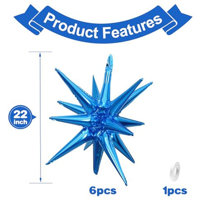 Blue Star Balloons, 6PCS 22 Inch Foil Explosion Star Balloons - color: Blue