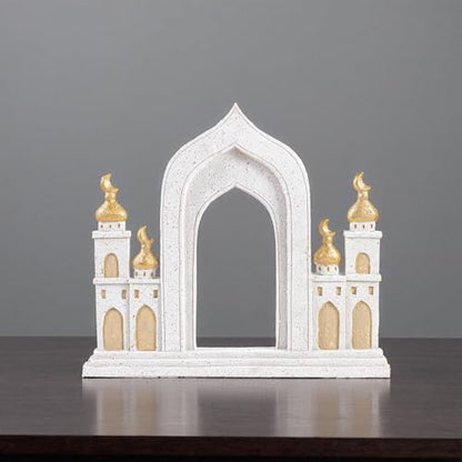 Ramadan Decorations for Home, Islamic Mosque Arch Figurine with Crescent Moon, Eid Mubarak Table Centerpiece, Muslim Home Decor for Ramadan, Eid Al-Fitr, Housewarming Gift,Resin,10.24 x 9.06 Inch