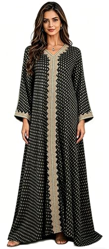 Women Muslim Abaya Dress V Neck Embroidered Kaftan Long Sleeve Loose Islamic Maxi Prayer Robe for Ramadan Eid - color: Black, size: XX-Large