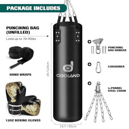 Odoland Punching Bag Set for Adults, 4FT PU Heavy Boxing Bag Set with 12OZ Boxing Gloves, Hand Wraps, Hanging Chains for MMA Karate Kickboxing Home Gym Training as Boys Gifts - Unfilled