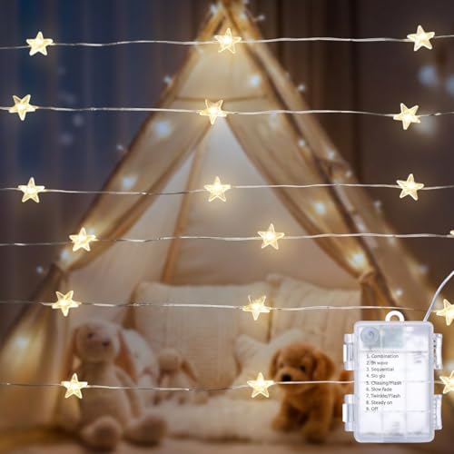Star String Lights Battery Operated, 20ft 60 LED Mini Star Fairy Lights Silver Wire 8 Modes for Indoor Garden Decoration, Waterproof Warm White Star LED Lights for Birthday Party Wedding - color: Silver Tone, size: 20ft-60 LEDs