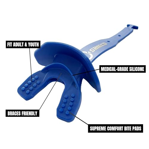 O Shield Striker Football Lip Guard with Permanent Strap | Football Lip Guard with Permanent Strap — Front Teeth, Lip, and Full Bite-Surface Coverage, No-Boil Ready Fit - color: Royal Blue