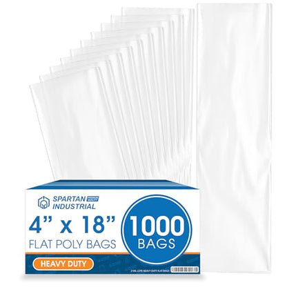 4" X 18" Open-End Flat Poly Bags (1000 Count) - 2 Mil Clear | Heat-Sealable Plastic Bags for Packaging, Shipping, Storage - No Adhesive Strip - Spartan Industrial - size: 4" X 18"