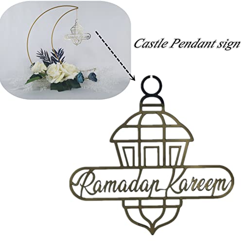Ramadan Kareem Decorations, Artificial Moon Shape Wreaths Table Decor with Castle Sign, Ramadan Mubarak Metal Rings Floral Ornaments, for Home Desk Fireplace Party Supplies