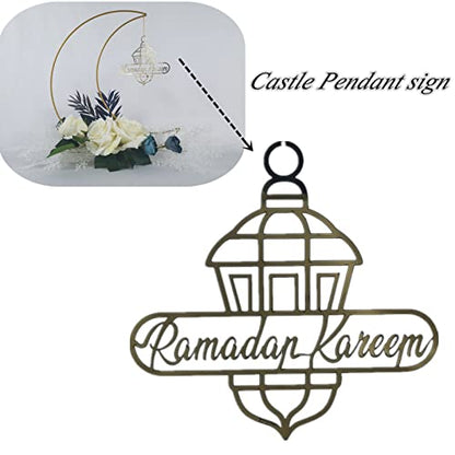 Ramadan Kareem Decorations, Artificial Moon Shape Wreaths Table Decor with Castle Sign, Ramadan Mubarak Metal Rings Floral Ornaments, for Home Desk Fireplace Party Supplies