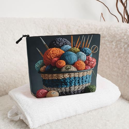 Colorful Yarn Basket Knitting Tools Fake Hemp Makeup Bag Travel Bags Toiletry Pouch With Zipper 9.45 X 6.7 In - color: Colorful Yarn Basket Knitting Tools