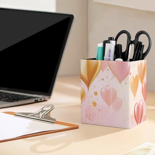 Pen Holder Leather Pencil Holder for Desk Golden Heart in The Sky Desktop Stationery Pen Cup Desk Accessories Holder Makeup Brush Storage Organizer for Work Home Art Supply 3.9" X 3.1" - color: Golden Heart in the Sky