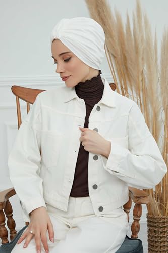 Aisha's Design Instant Turban Plain Cotton Scarf Head Wrap Lightweight Hat Bonnet Cap for Women - color: Ivory