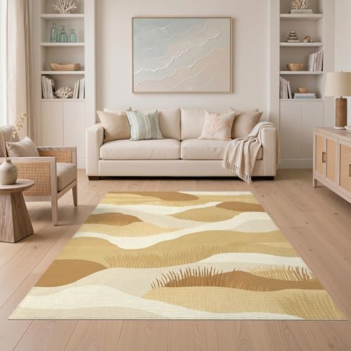 5'x7' Washable Abstract Wave Area Rug, Cream Non-Shedding Pet Friendly Carpet for Small Living Room, Playroom, Bedroom, Easy Care Kids Safe Mat | Ref:1910346 - color: Beige/Pattern 1, size: 5' x 7' (Rectangular)