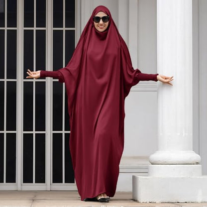 IDOPIP Muslim Abaya for Women One Piece Long Sleeve Islamic Prayer Dress with Hooded Hijab Maxi Kaftan Robe Modest Clothes - color: Wine Red