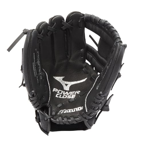 Mizuno Prospect PowerClose Youth Baseball Glove Series I V-Flex Notch I Parashock Palm Pad I Buttersoft Palm Liner - color: Black/Red|Deep 3 Web, size: 10"|All Positions|Ages 3-6