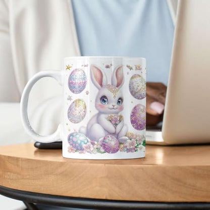 Personalized Sparkling Easter Bunny And Egg Full Wrap Mug, Custom Name Ceramic Cup, Customized Adorable Spring White Mug, Easter Day Coffee Cup, Gift For Kids On Holiday, Bunny Mug - color: XUA-1124-3656-Easter Day Mug