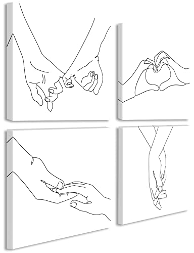 DJSYLIFE Minimalist Holding Hands Line Art Canvas Wall Art 12x12 Inch - color: White-01, size: 12"L x 12"W x 4 Pieces