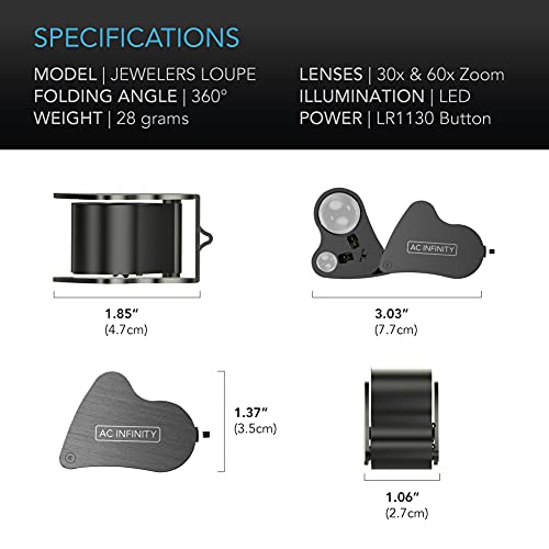 AC Infinity Jewelers Loupe, Pocket Magnifying Glass with LED Light & Dual Lenses, 30x 60x Zoom for Jewelry, Watches, Coins, Stamps, Plant Buds