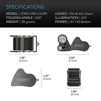 AC Infinity Jewelers Loupe, Pocket Magnifying Glass with LED Light & Dual Lenses, 30x 60x Zoom for Jewelry, Watches, Coins, Stamps, Plant Buds