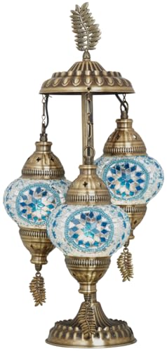 DEMMEX 3-Globe Turkish Moroccan Table Lamp, Tiffany Mosaic Glass Bedside Night Light, Handmade Colorful Mosaic Glass Globes & Antique Brass Finish Base, 21" H, Sky Blue & White - color: SkyBlue&White