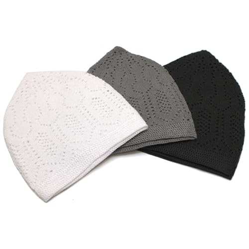 Modefa Turkish Islamic Kufi Takke - Cotton Blend Knit Cap - One Size Fits Most Skullie Beanie Taqiyah - Prayer Cap Muslim Men - color: Combo: White, Gray, Black