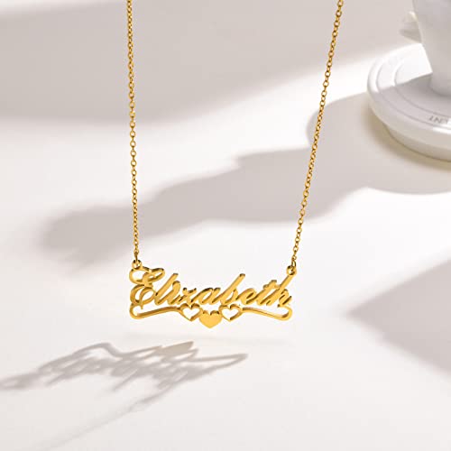 Name Necklace Personalized for Women : 18K Gold Plated Custom Name Necklace Chain Name Plate Choker Necklace Customized Gift Idea for Women Girl Female Friends Girlfriend BFF, Gold Plated/Silver - style: Name+3 hearts