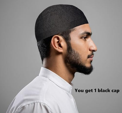 Kufi 남성용 모자 - 스컬 쿠피 캡 비니 - Taqiyah 크로셰 큐피 - 이슬람 선물 및 기도 모자를 위한 이슬람 모자 - 투피 - color: 블랙.