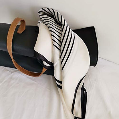 FONYVE Silk Feeling Scarf Medium Square Satin Head Scarf for Women 27.5 × 27.5 inches - color: 07 Stripe Beige