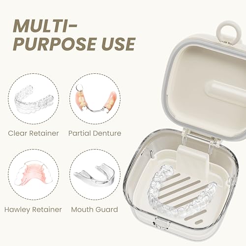 Denture Case Retainer Cleaning Case with Retainer Removal Tool and Brush, No-Leak Denture Bath Box Cup, Complete Clean Care for Clear Braces, Mouth Guard, Night Guard & Retainers (White)