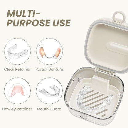 Denture Case Retainer Cleaning Case with Retainer Removal Tool and Brush, No-Leak Denture Bath Box Cup, Complete Clean Care for Clear Braces, Mouth Guard, Night Guard & Retainers (White)