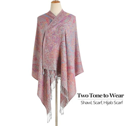 Paisley Pashmina Rave Shawl Scarf-Women's Reversible Ethnic Jacquard Pashmina Wraps for Travel - color: A#. Grey Blue Red