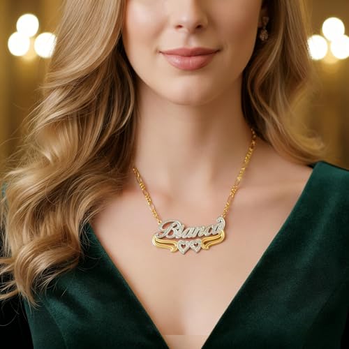 Custom Name Necklace Double Plated Name Necklace Personalized Name Plate Necklaces Name Necklaces for Women 18k Gold Plated Nameplate Pendant - color: Style 1