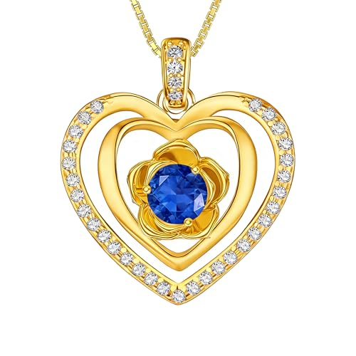 18K Yellow Gold Rose Birthstone Necklace 12 Months Rose Flower Birthstone Necklace Birthday Jewelry Gifts for Women Mom Her - color: 09-September