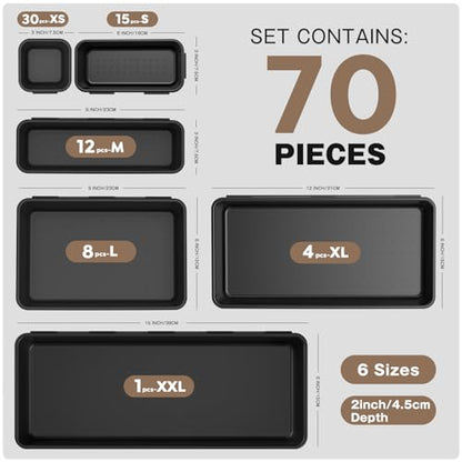 A-LUGEI【70】【6 Size】Tool Box Organizer Tray Divider Set, 【Black】 Desk Drawer Organizer, Garage Organization and Storage Toolbox Accessories Rolling Tool Chest Cart Cabinet WorkBench Small Part - size: 70pcs-6 Size