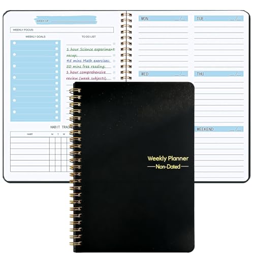 Undated Weekly Planner with Goal & Habit Tracker Notebook Spiral Binding Small Personal To Do List Week Planners for Kids School- Cute Non Dated Weekly Planner Simple Agenda Planners for Work - color: Dark Black
