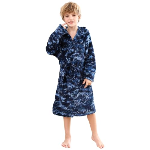V.&GRIN Boys Fleece Robe, Hooded Soft Fuzzy Bathrobe for Kids 5-14 Years - color: Navy Camo, size: 11-12 Years