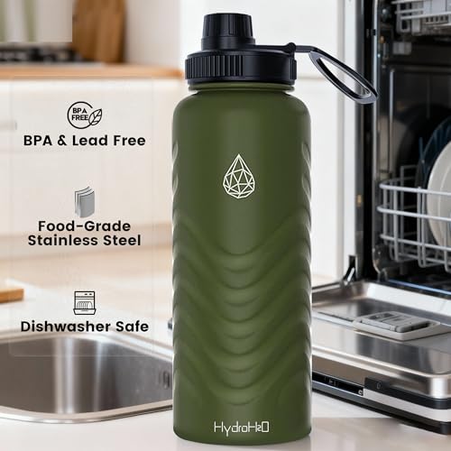 32oz Stainless Steel Insulated Water Bottle, 48H Ice Cold & 24H Hot, Leak-Proof Wide Mouth Lids (Straw & Spout), BPA-Free Bottles, Mens Water Bottle for Gym, Hiking, Travel - Green - color: Green, size: 32 Ounces
