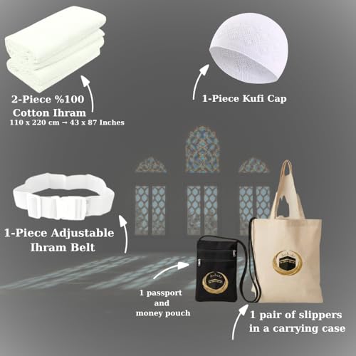 11 Piece Hajj Umrah Ihram Set for Men, Premium Turkish Cotton Ihram Towels 43x87 Inches, Muslim Pilgrimage Essentials Kit with Belt, Prayer Mat, Tasbih & Bags